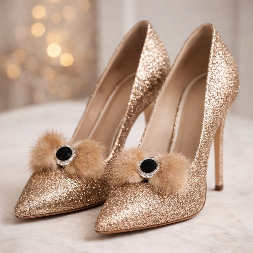 Vintage Fur Shoe Clips with Crystal Center | mid-century Glamour